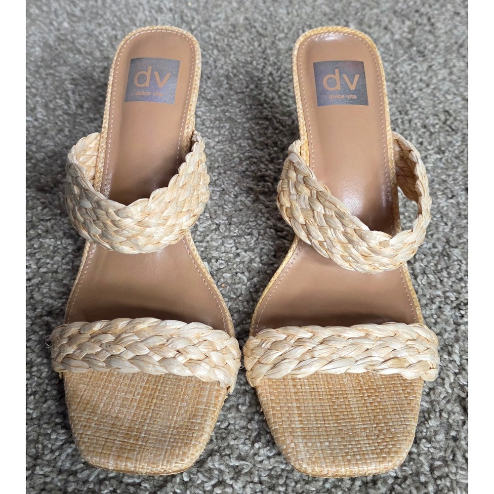 DV Dolce Vita Skipper Natural Braided Heeled Sandals Square Toe Mules Womens 9.5